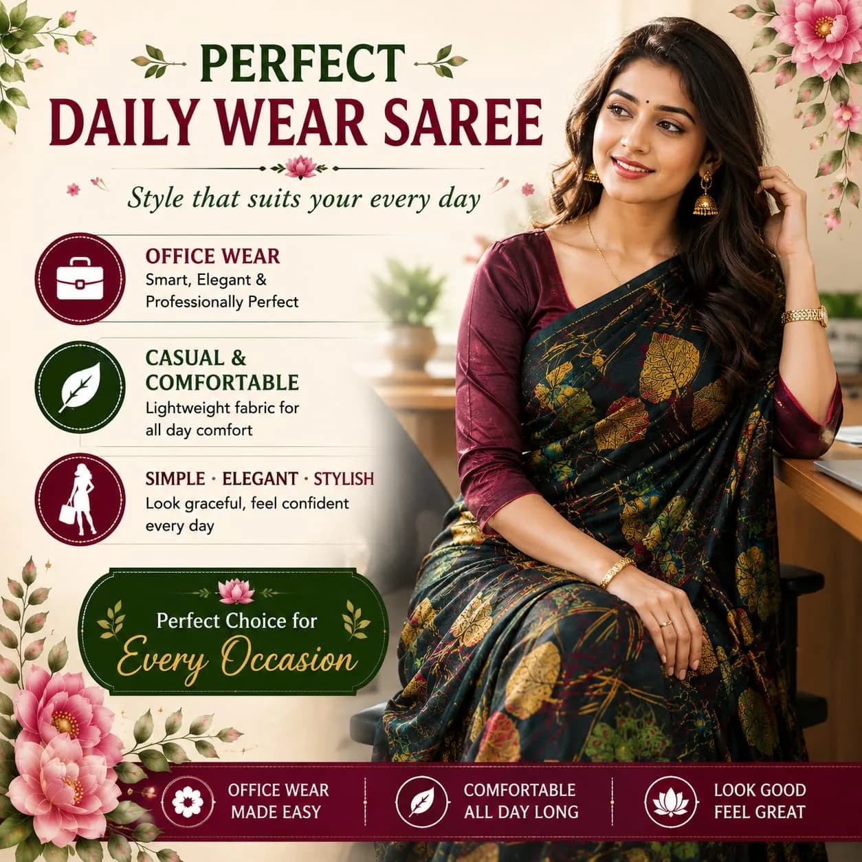 Printed Crape Saree – Dark Green & Navy Blue Floral Design Category: Fashion & Apparel → Sarees