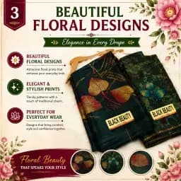 Printed Crape Saree – Dark Green & Navy Blue Floral Design Category: Fashion & Apparel → Sarees 3