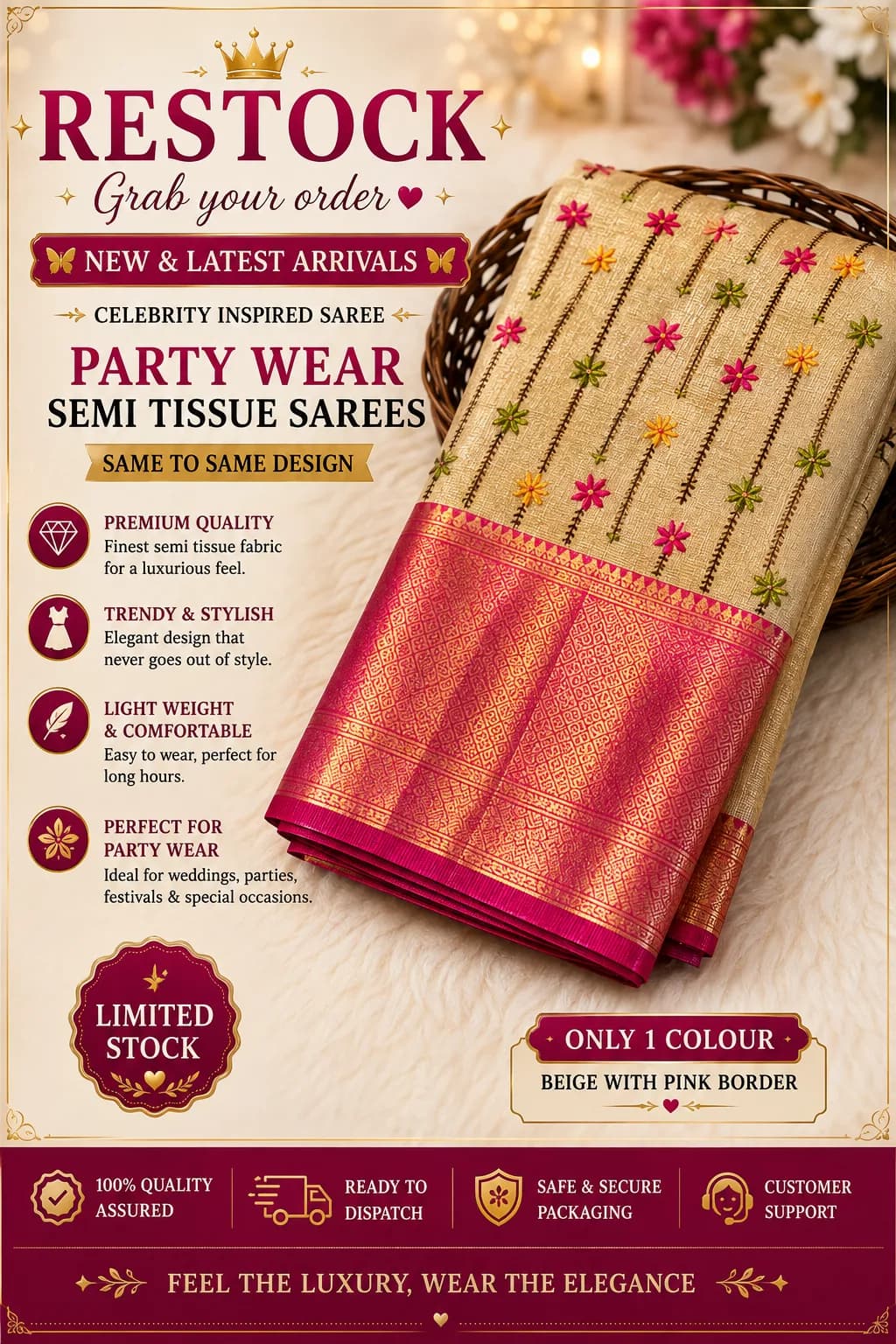 Party Wear Semi Tissue Saree – Beige with Pink Border