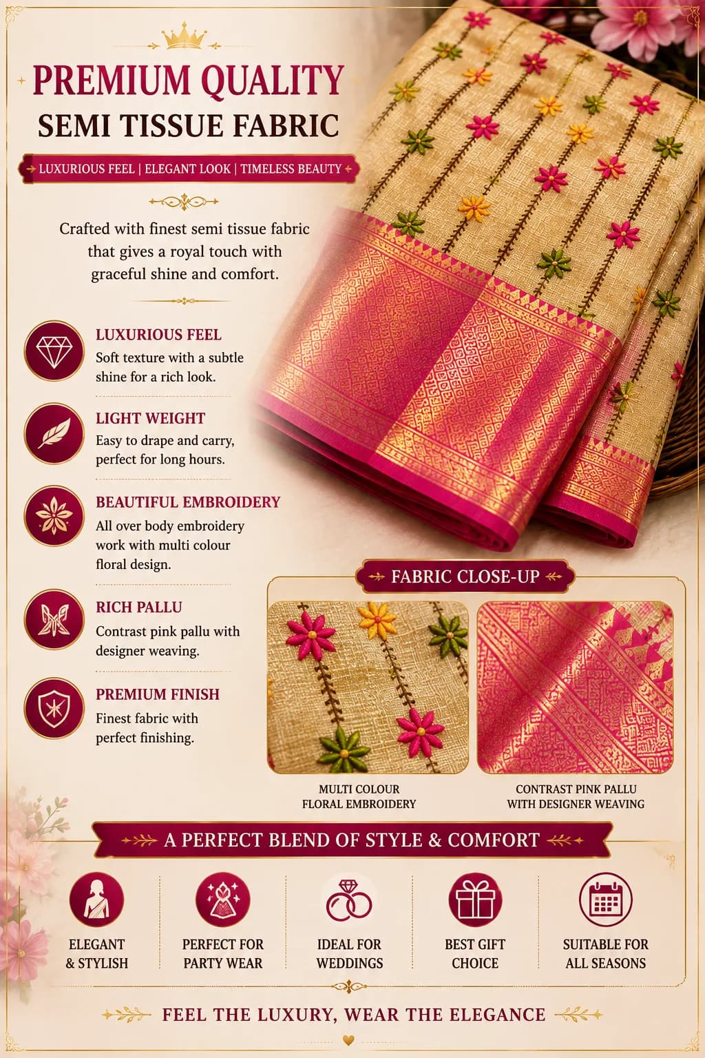Party Wear Semi Tissue Saree – Beige with Pink Border 2