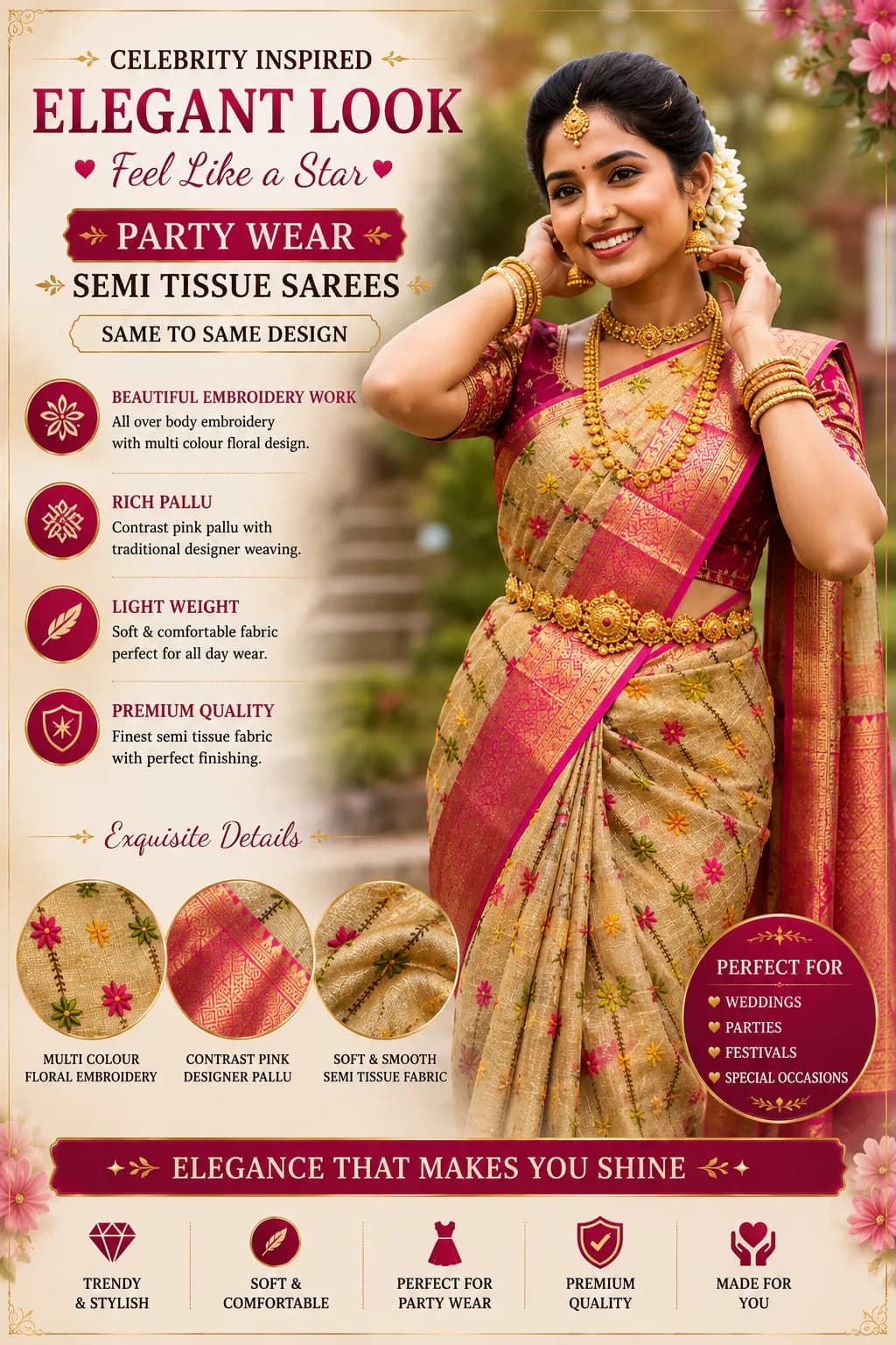 Party Wear Semi Tissue Saree – Beige with Pink Border 3