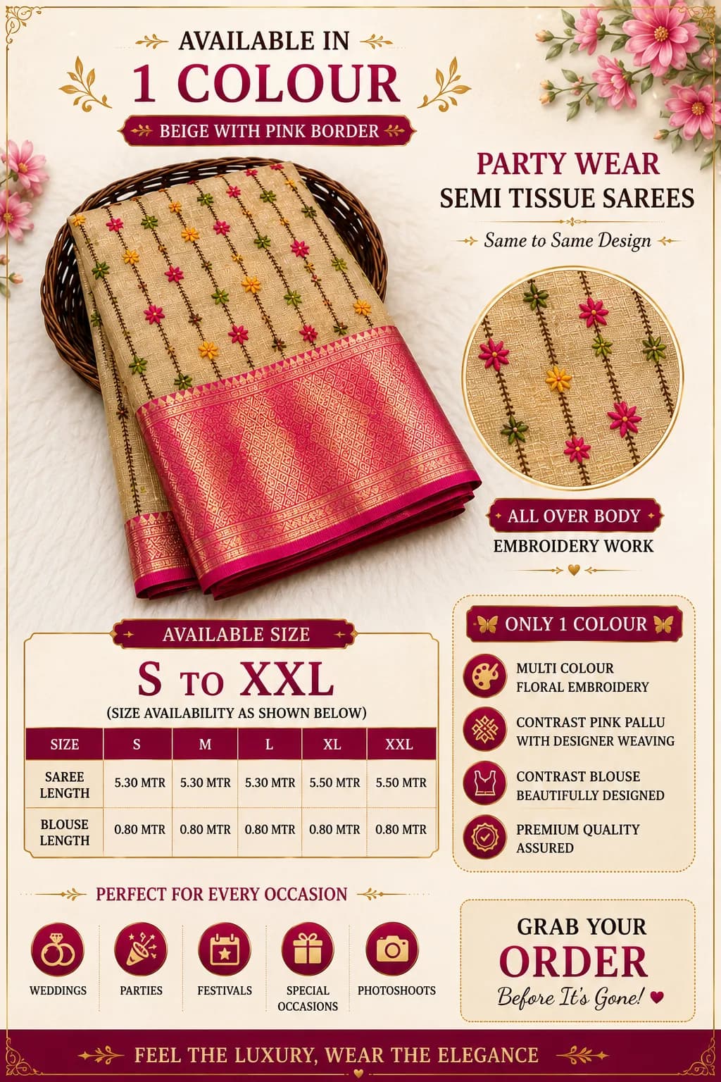 Party Wear Semi Tissue Saree – Beige with Pink Border 4