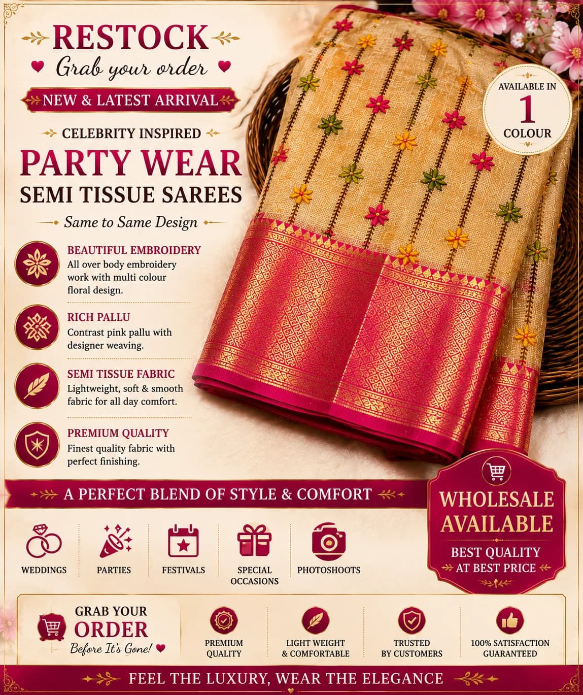 Party Wear Semi Tissue Saree – Beige with Pink Border 5