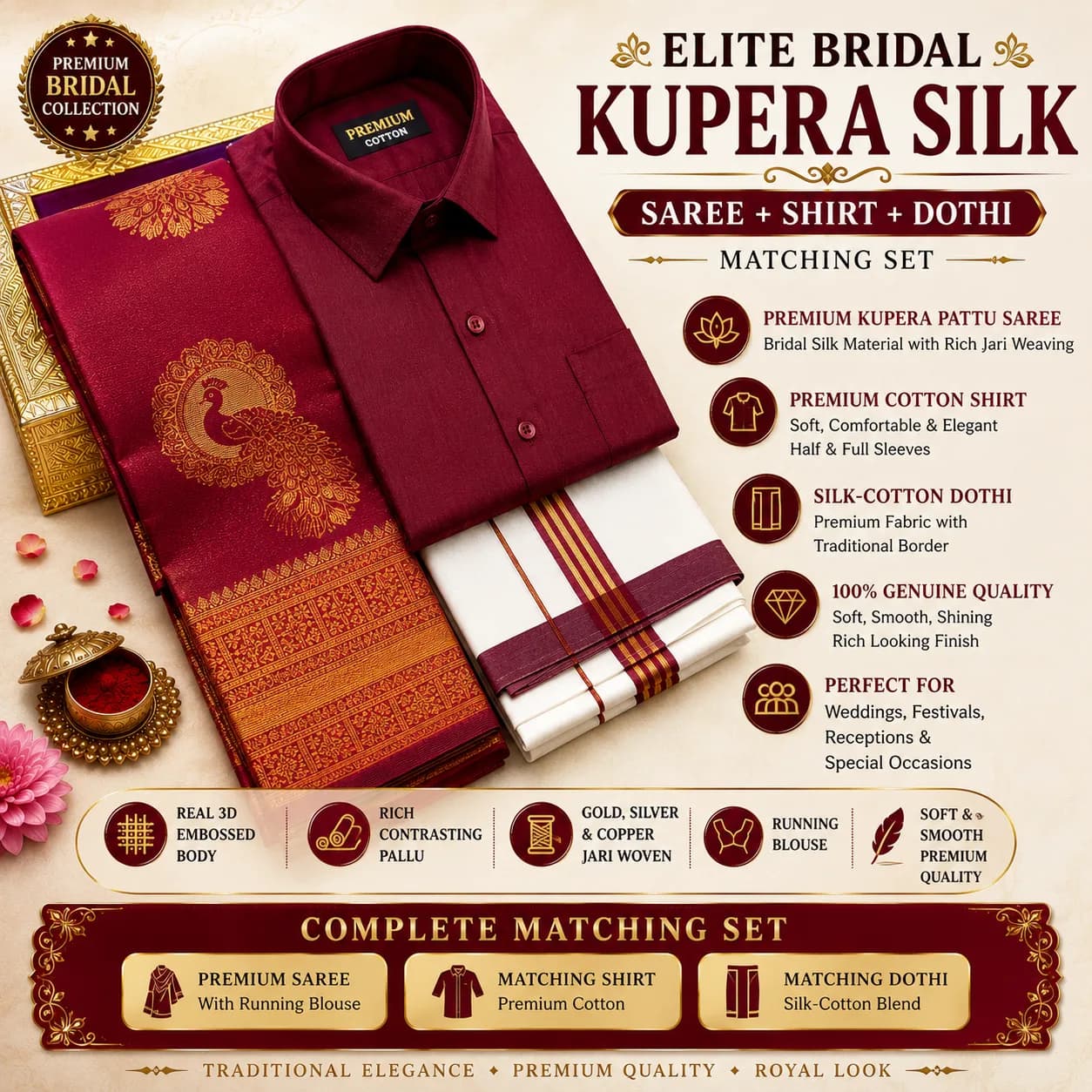 PREMIUM Elite Bridal Kupéra Pattu Silk Saree + Premium Cotton Shirt + Silk-Cotton Dhoti Matching Set