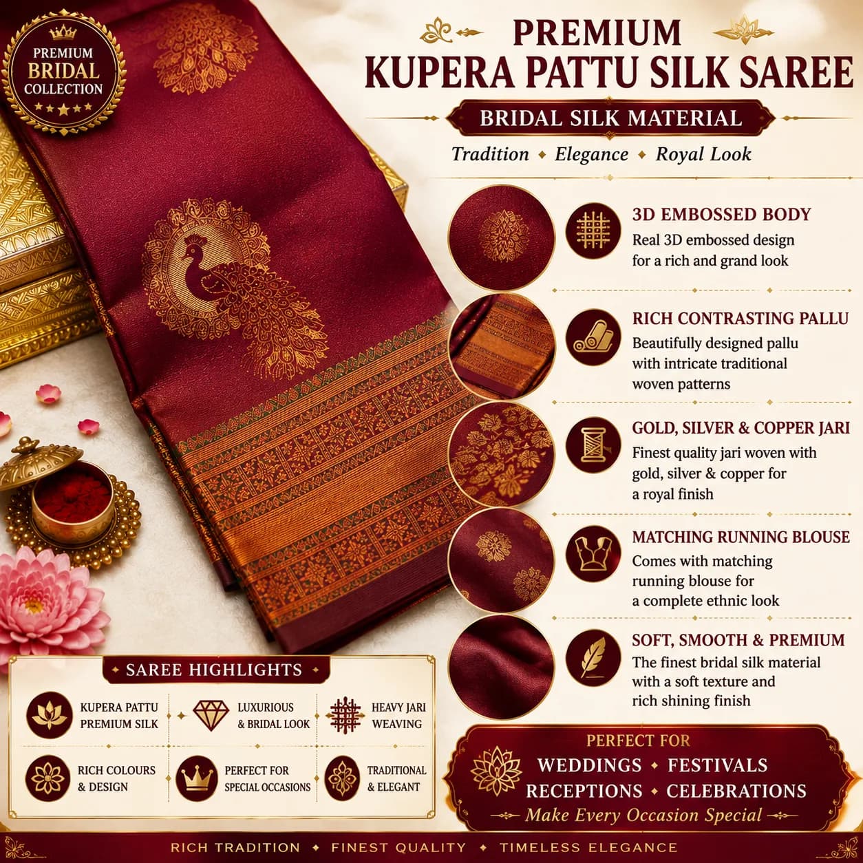 PREMIUM Elite Bridal Kupéra Pattu Silk Saree + Premium Cotton Shirt + Silk-Cotton Dhoti Matching Set 2