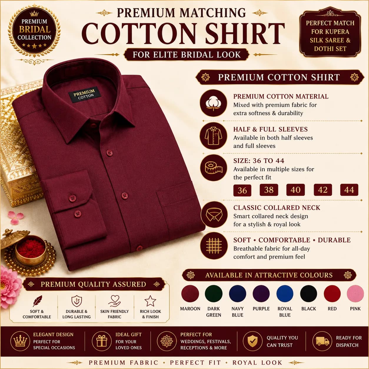 PREMIUM Elite Bridal Kupéra Pattu Silk Saree + Premium Cotton Shirt + Silk-Cotton Dhoti Matching Set 3
