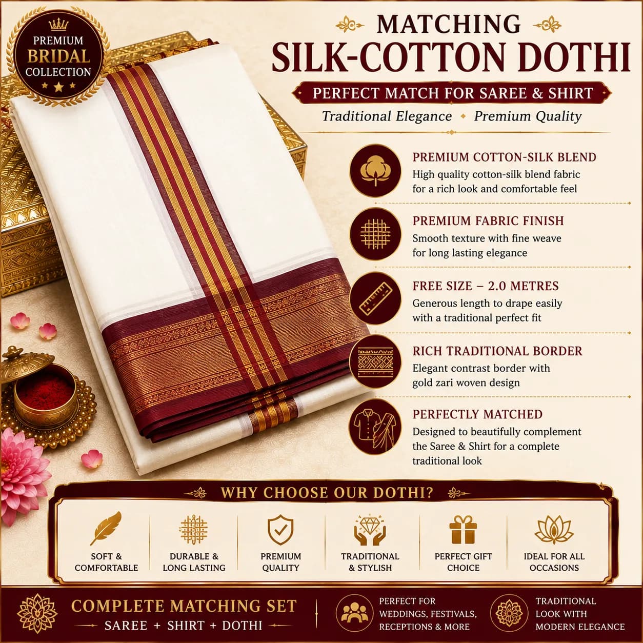 PREMIUM Elite Bridal Kupéra Pattu Silk Saree + Premium Cotton Shirt + Silk-Cotton Dhoti Matching Set 4