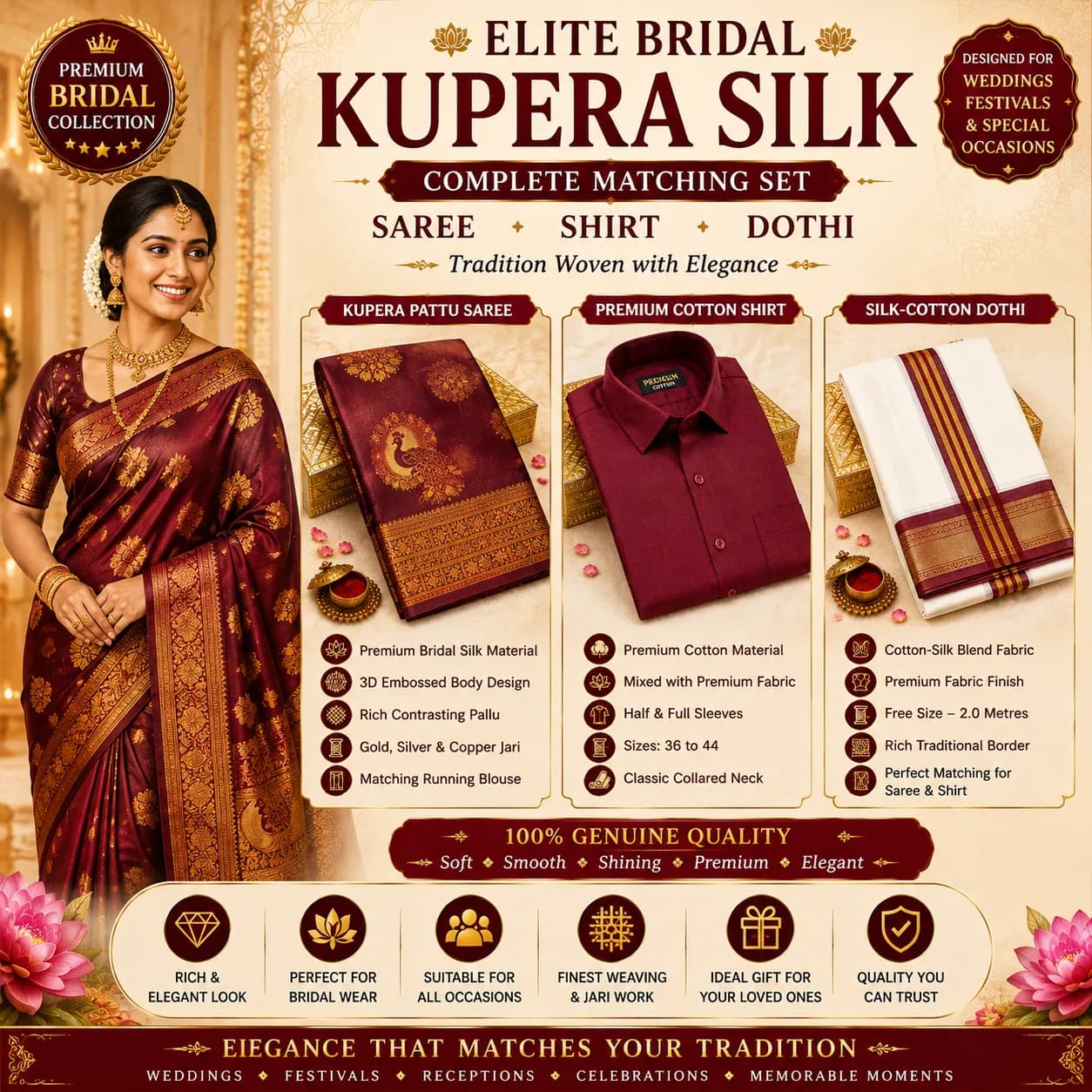 PREMIUM Elite Bridal Kupéra Pattu Silk Saree + Premium Cotton Shirt + Silk-Cotton Dhoti Matching Set 5