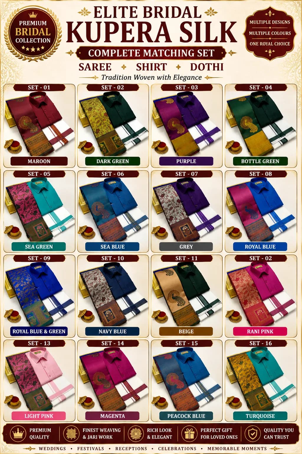 PREMIUM Elite Bridal Kupéra Pattu Silk Saree + Premium Cotton Shirt + Silk-Cotton Dhoti Matching Set 6