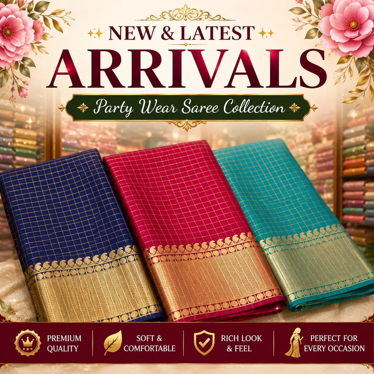 Premium Semi Kanchivaram Silk Saree – Checked Design with Rich Zari Borde
