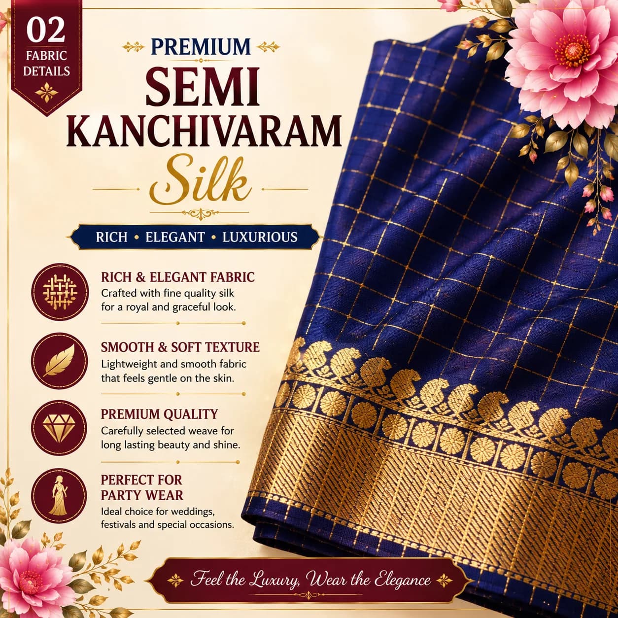 Premium Semi Kanchivaram Silk Saree – Checked Design with Rich Zari Borde 2