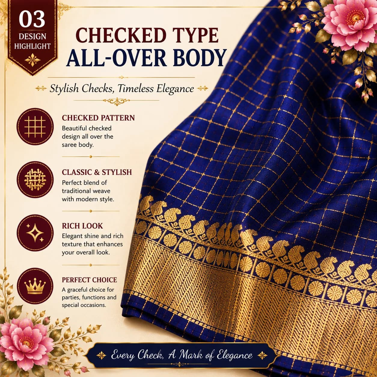 Premium Semi Kanchivaram Silk Saree – Checked Design with Rich Zari Borde 3