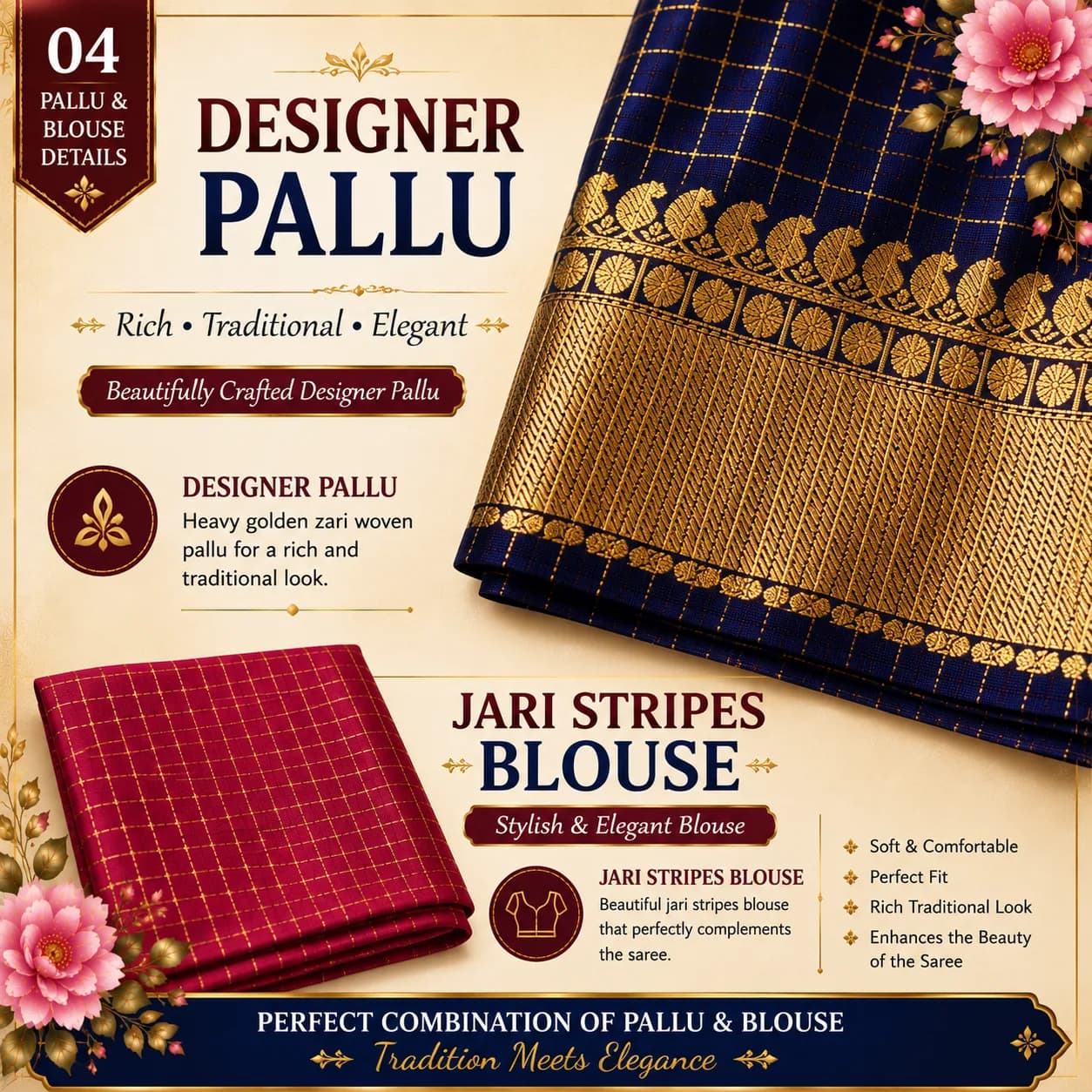 Premium Semi Kanchivaram Silk Saree – Checked Design with Rich Zari Borde 4