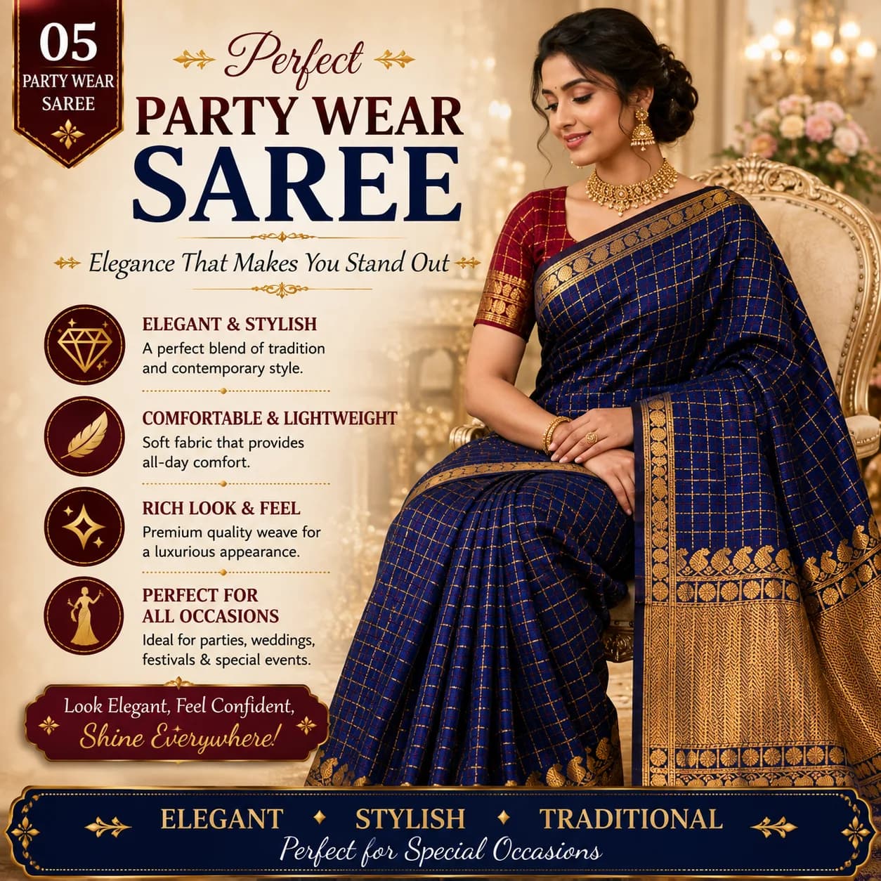 Premium Semi Kanchivaram Silk Saree – Checked Design with Rich Zari Borde 5