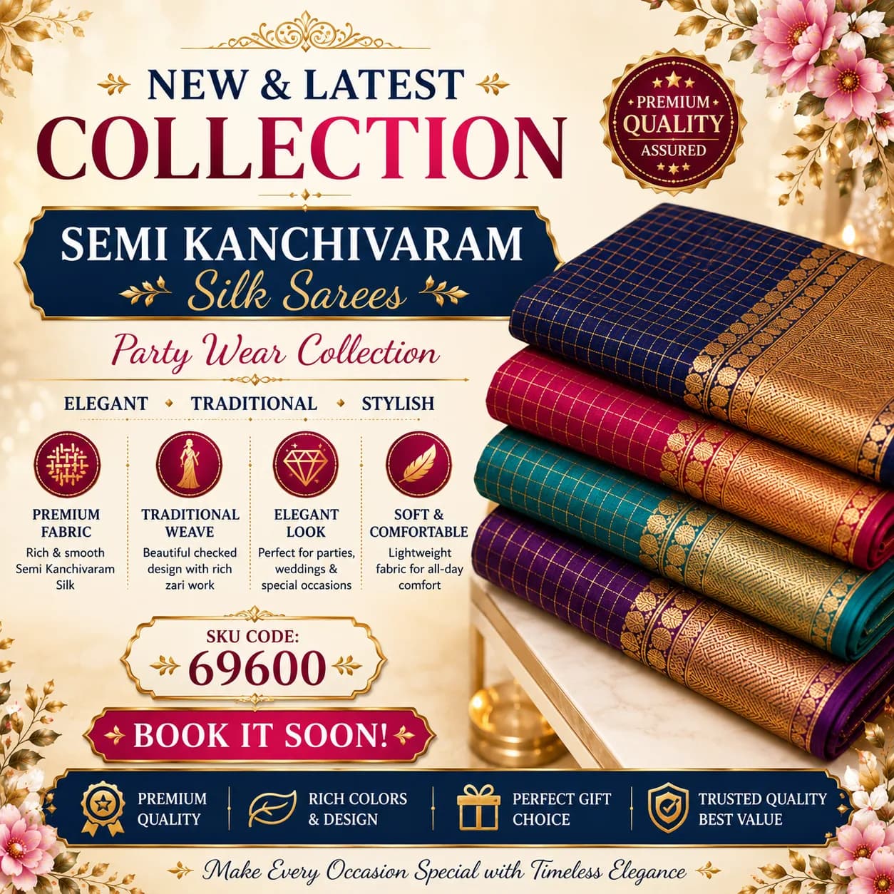 Premium Semi Kanchivaram Silk Saree – Checked Design with Rich Zari Borde 6
