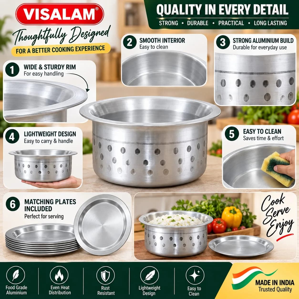 VISALAM Premium Aluminium Pot Set with Matching Plates – 14 Piece Combo 3