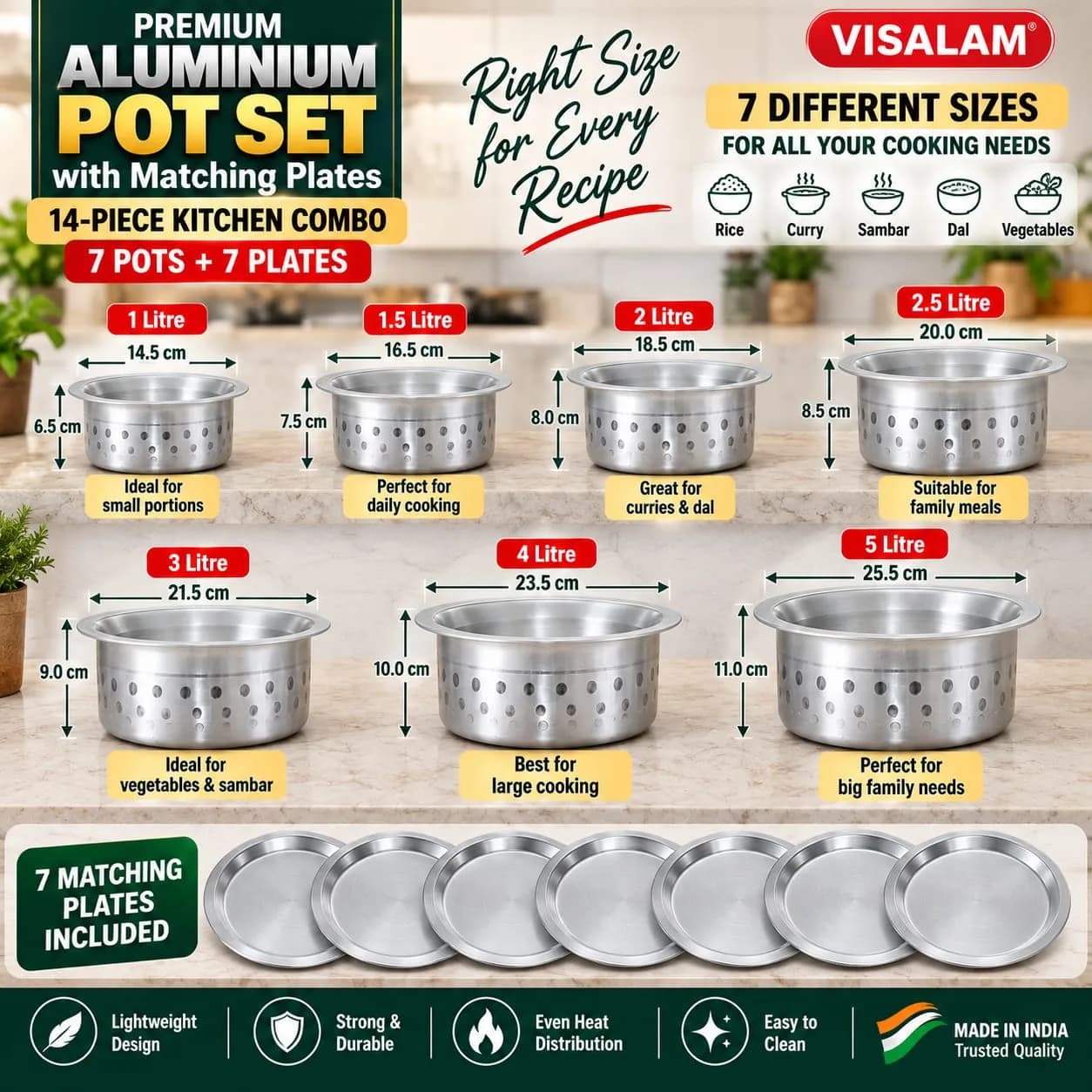 VISALAM Premium Aluminium Pot Set with Matching Plates – 14 Piece Combo 2