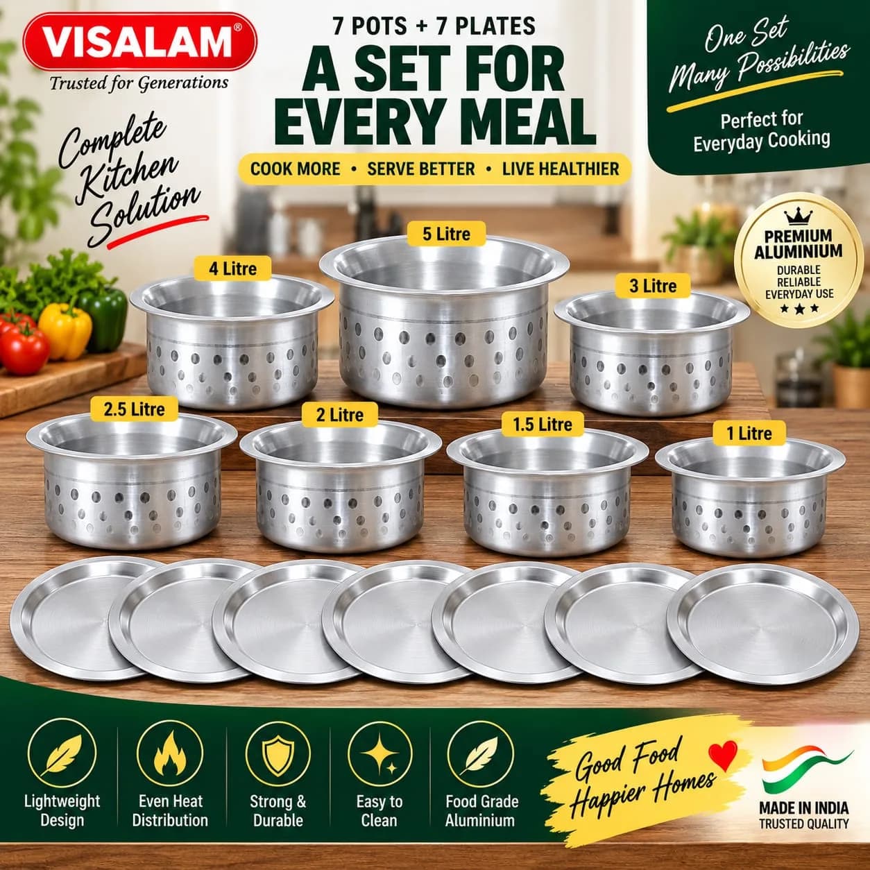 VISALAM Premium Aluminium Pot Set with Matching Plates – 14 Piece Combo