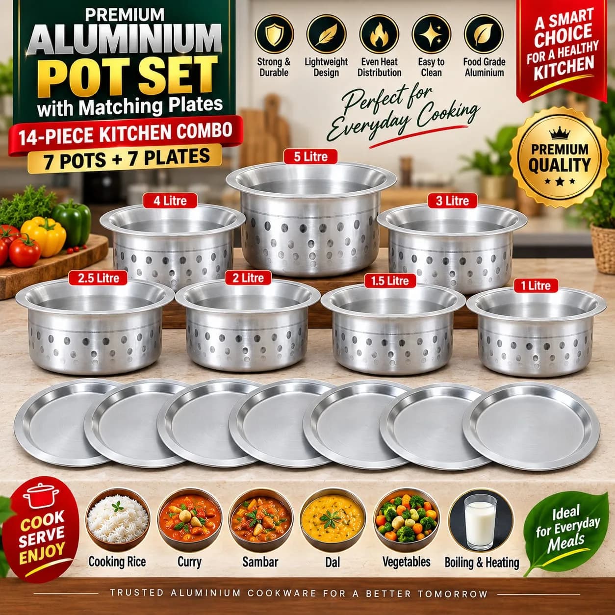 VISALAM Premium Aluminium Pot Set with Matching Plates – 14 Piece Combo 4