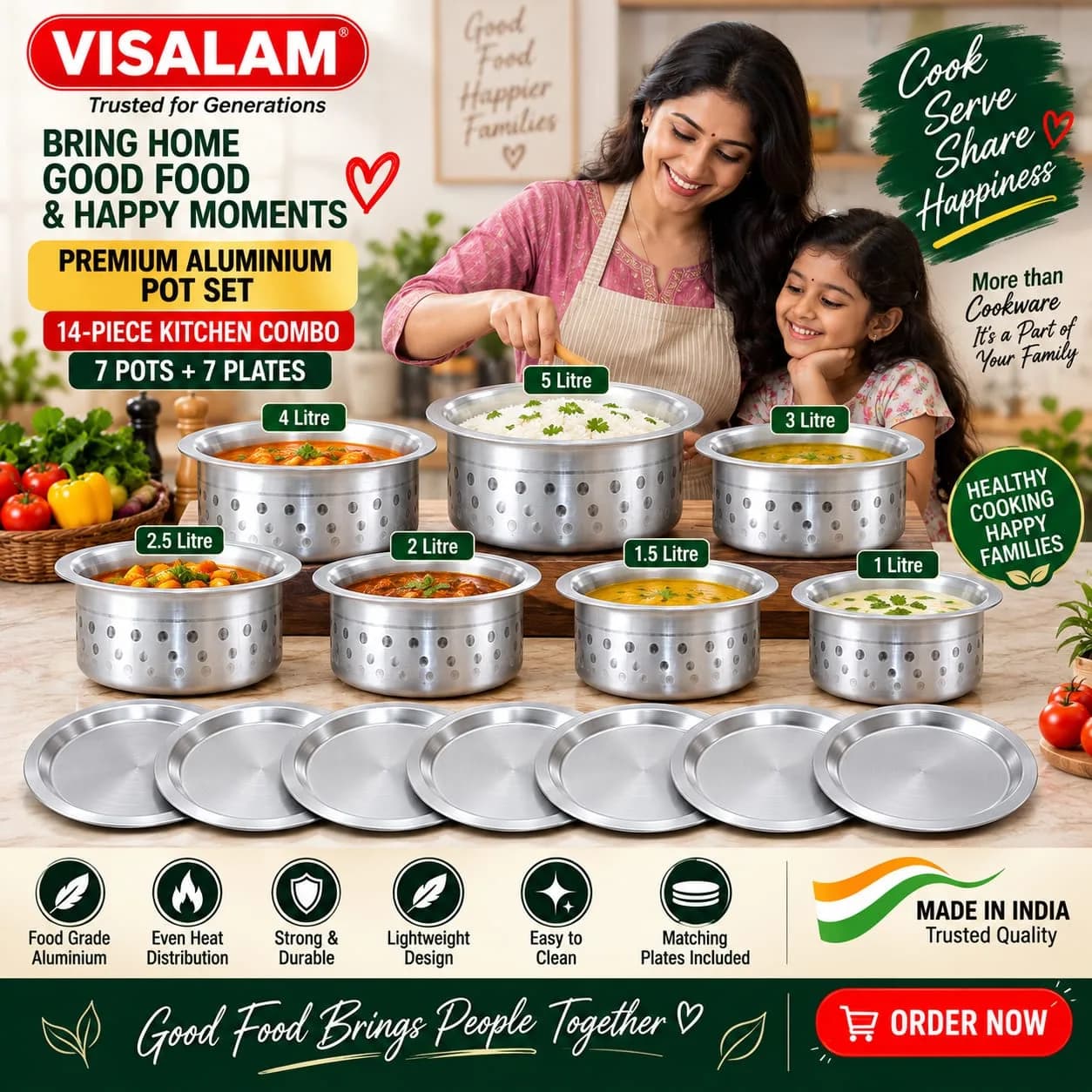 VISALAM Premium Aluminium Pot Set with Matching Plates – 14 Piece Combo 5