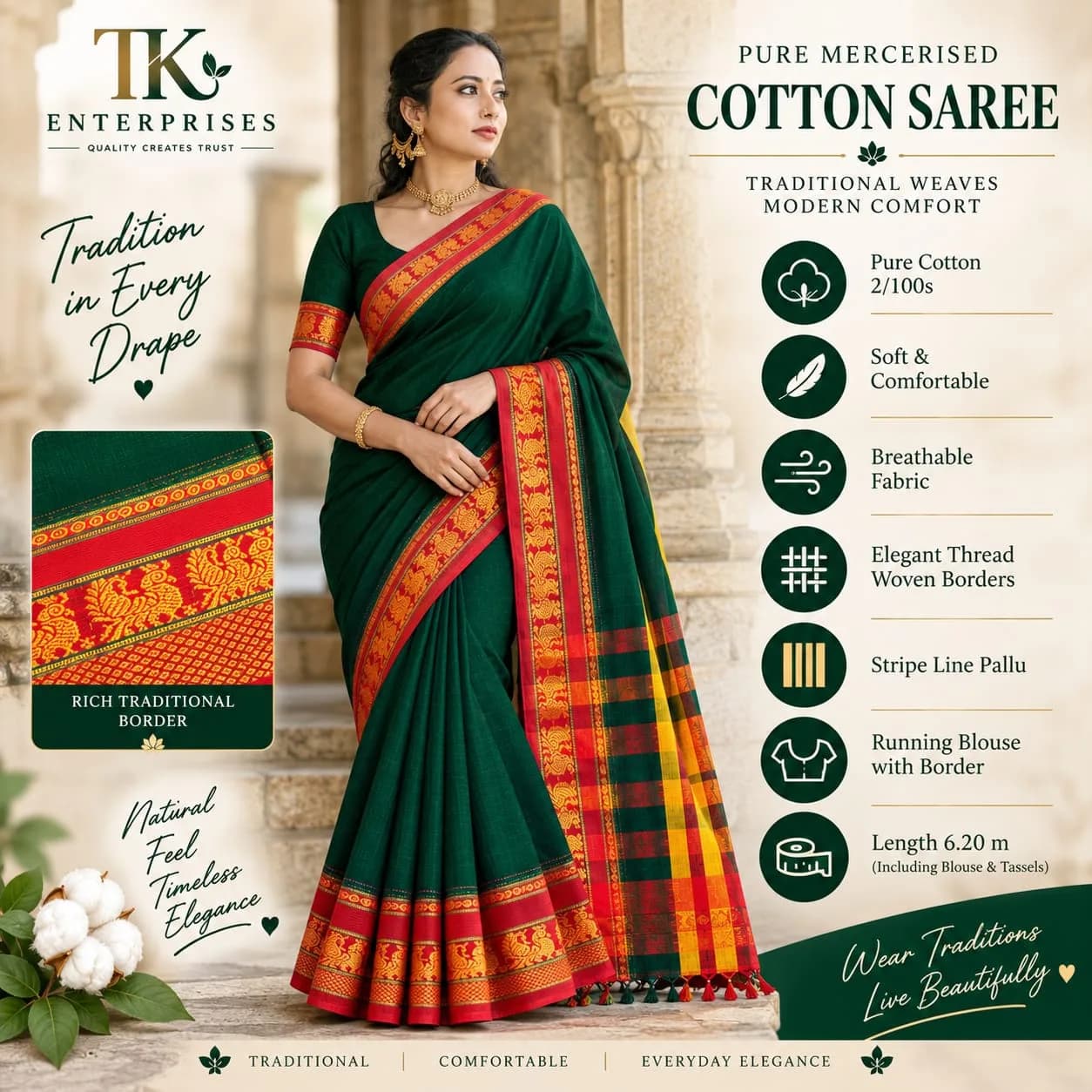 Bottle Green Pure Mercerised Cotton Saree 2