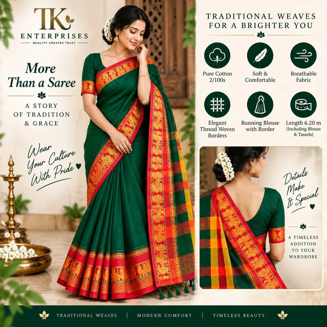 Bottle Green Pure Mercerised Cotton Saree 5