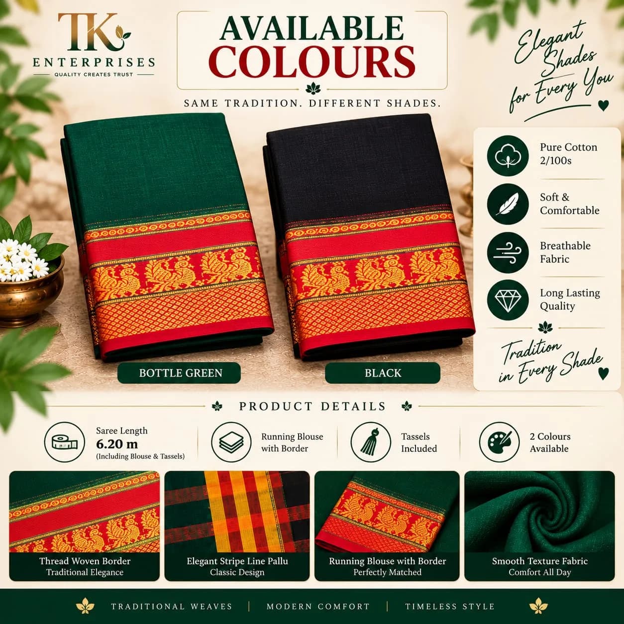 Bottle Green Pure Mercerised Cotton Saree