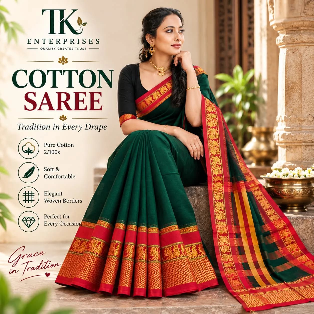 Bottle Green Pure Mercerised Cotton Saree 3
