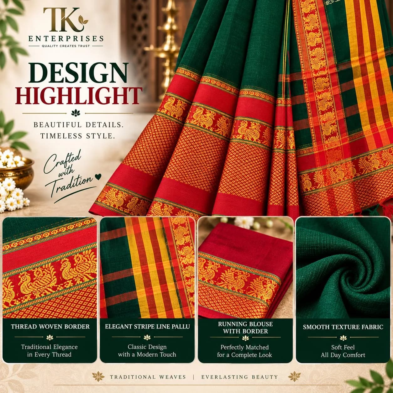 Bottle Green Pure Mercerised Cotton Saree 6