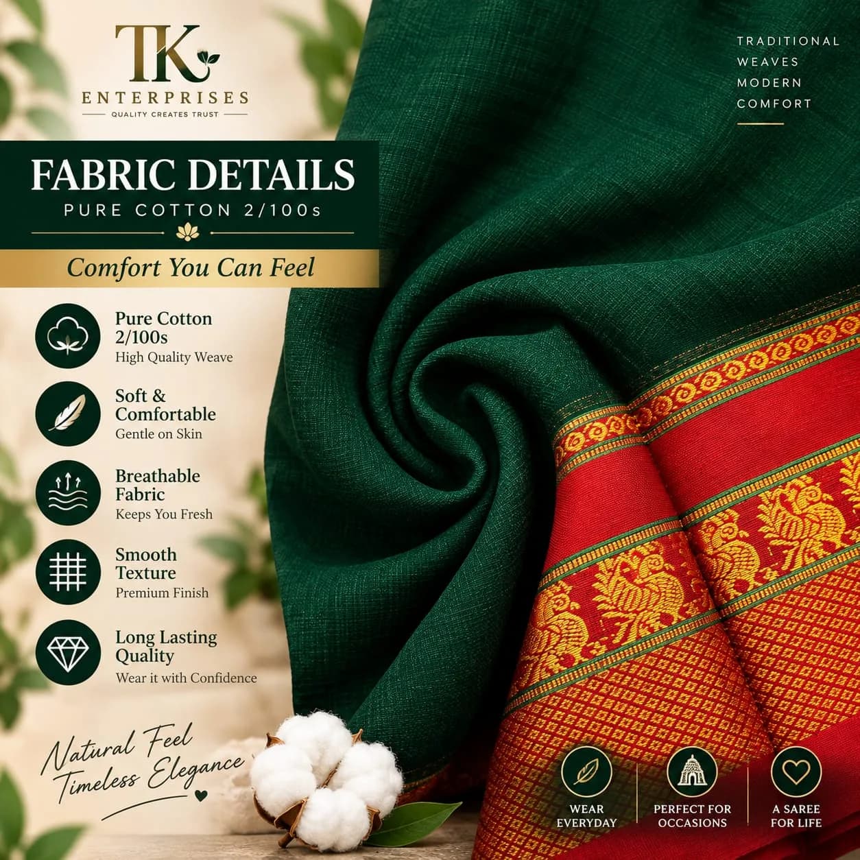Bottle Green Pure Mercerised Cotton Saree 4