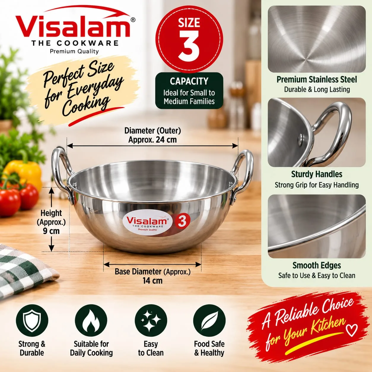 Visalam Stainless Steel Kadai – Size 3