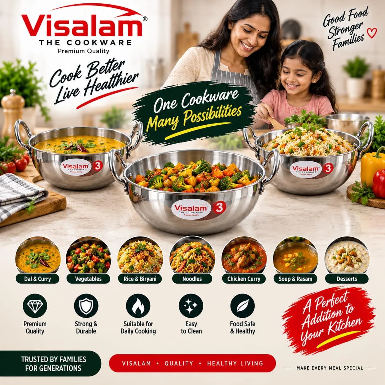 Visalam Stainless Steel Kadai – Size 3 3