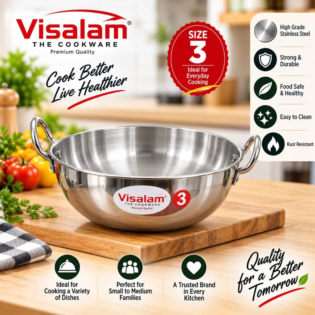 Visalam Stainless Steel Kadai – Size 3 5