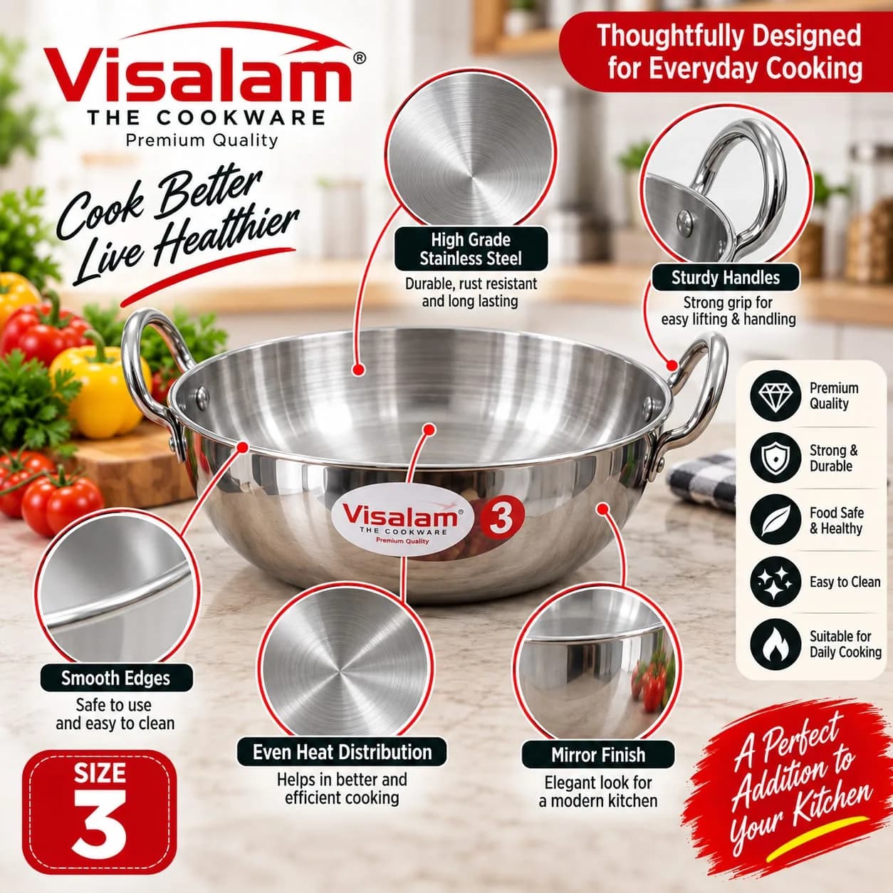 Visalam Stainless Steel Kadai – Size 3 4