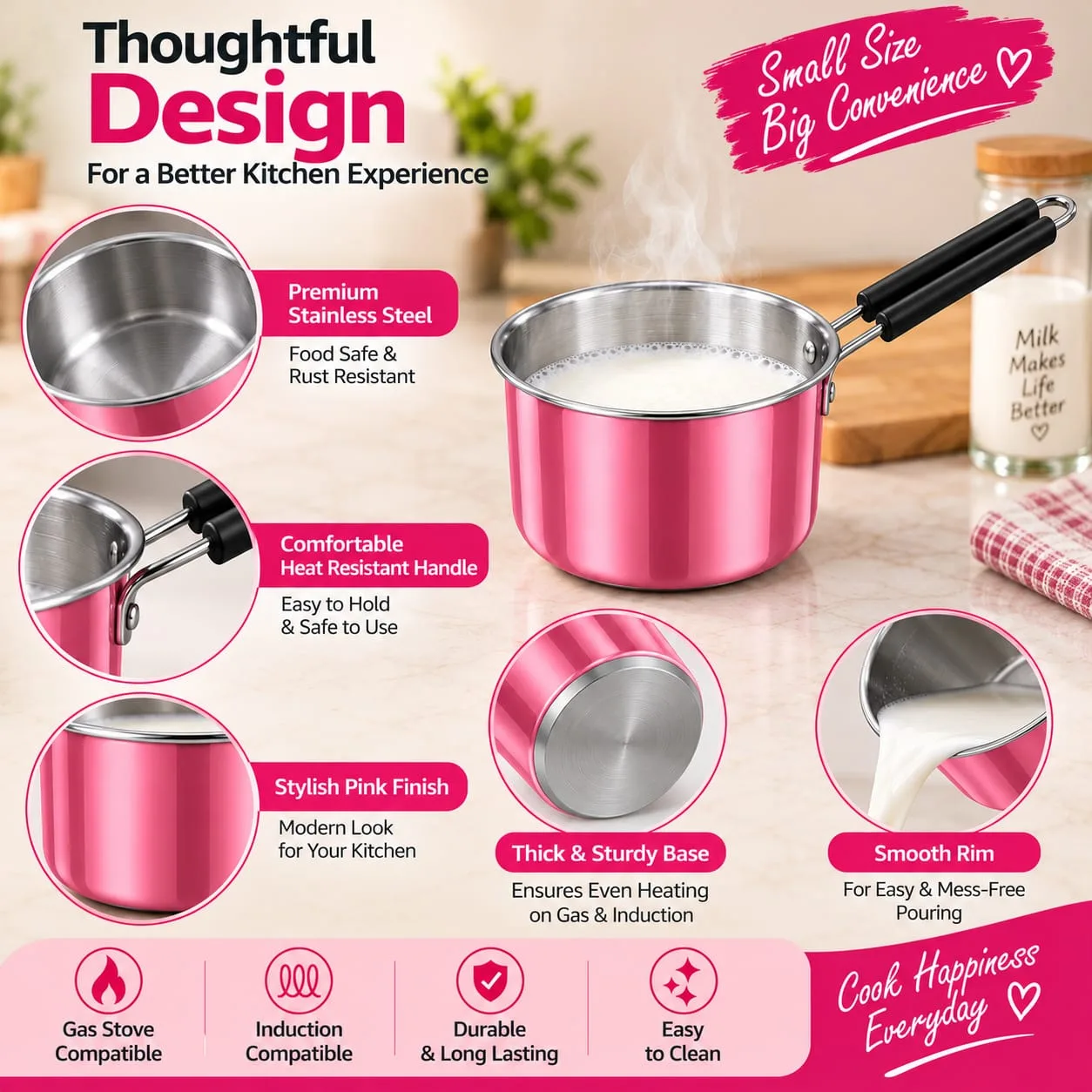 1 Litre Pink Stainless Steel Milk Boiler / Cooking Pot 3