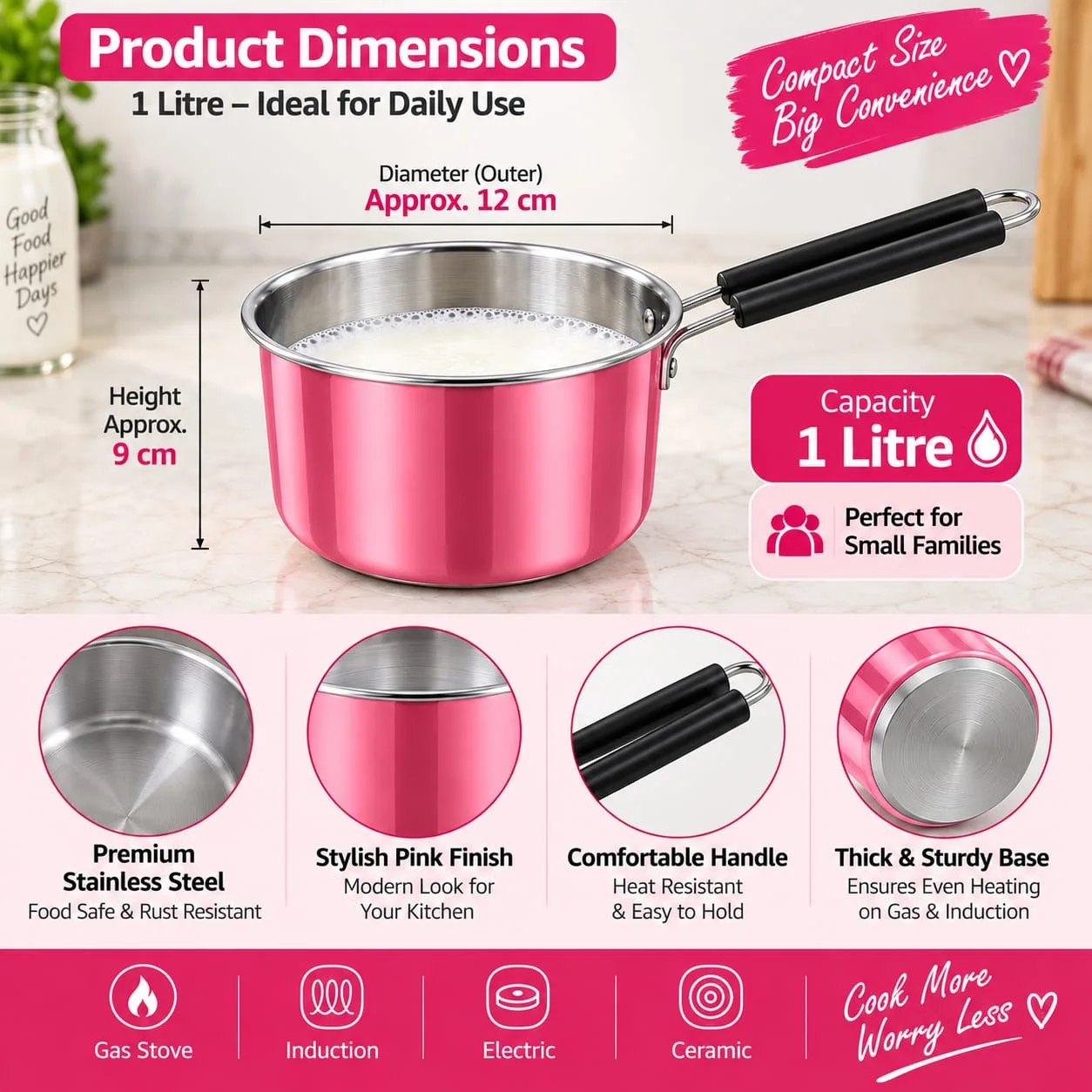 1 Litre Pink Stainless Steel Milk Boiler / Cooking Pot