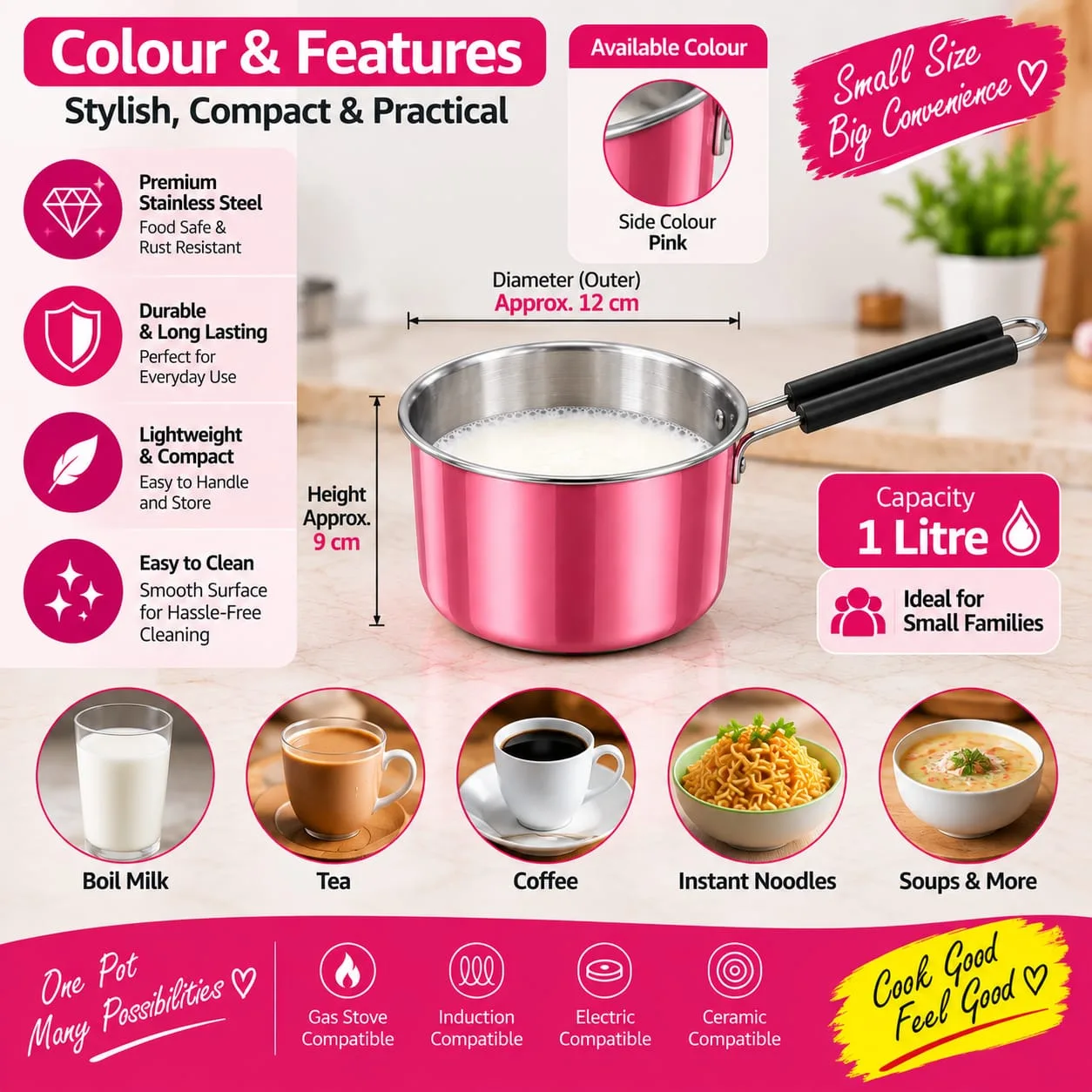 1 Litre Pink Stainless Steel Milk Boiler / Cooking Pot 4