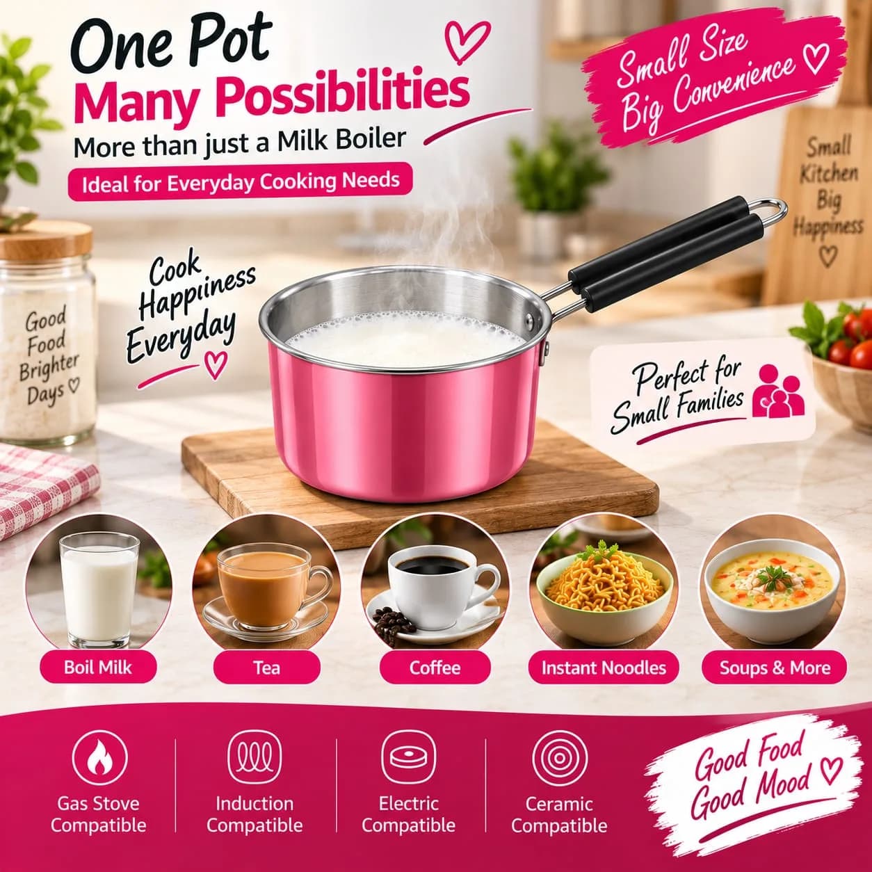 1 Litre Pink Stainless Steel Milk Boiler / Cooking Pot 5