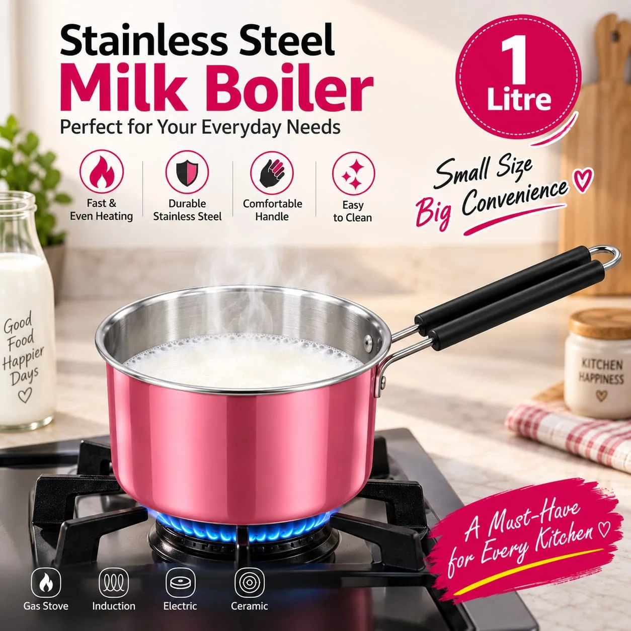 1 Litre Pink Stainless Steel Milk Boiler / Cooking Pot 2