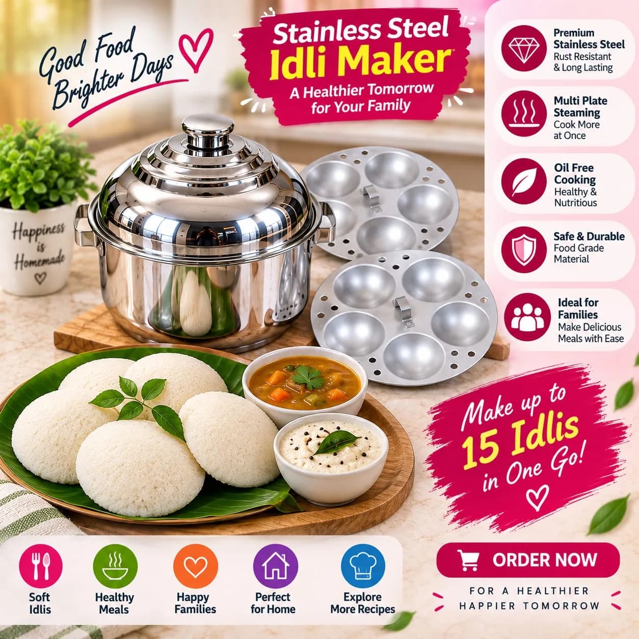 Stainless Steel 15-Cavity Idli Maker / Steamer 5
