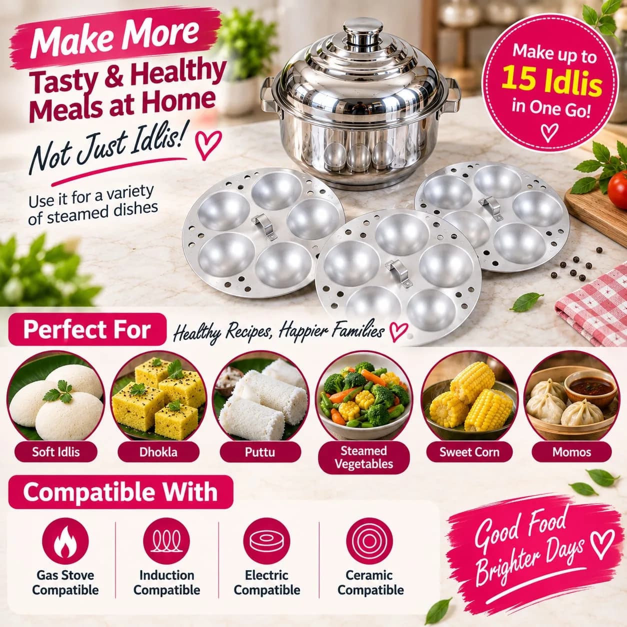 Stainless Steel 15-Cavity Idli Maker / Steamer