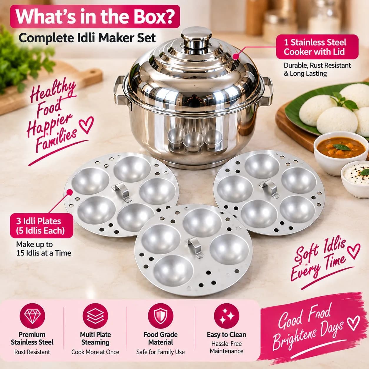 Stainless Steel 15-Cavity Idli Maker / Steamer 3