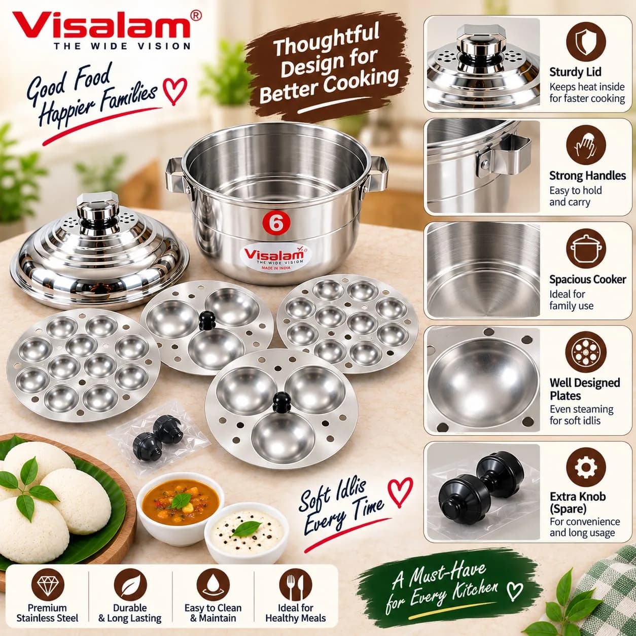 Stainless Steel 6-Plate Idli Maker – Multi-Layer Steamer