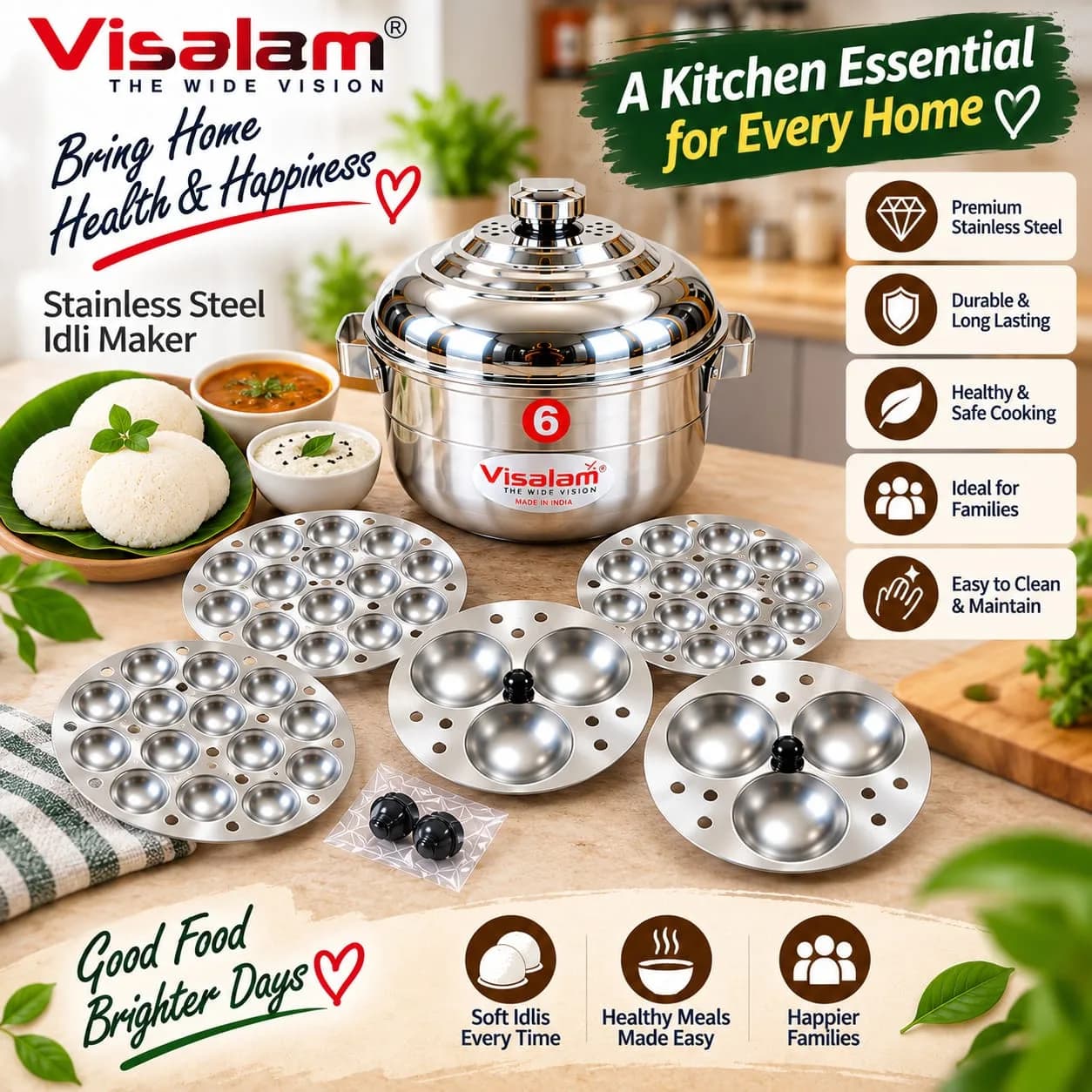 Stainless Steel 6-Plate Idli Maker – Multi-Layer Steamer 3