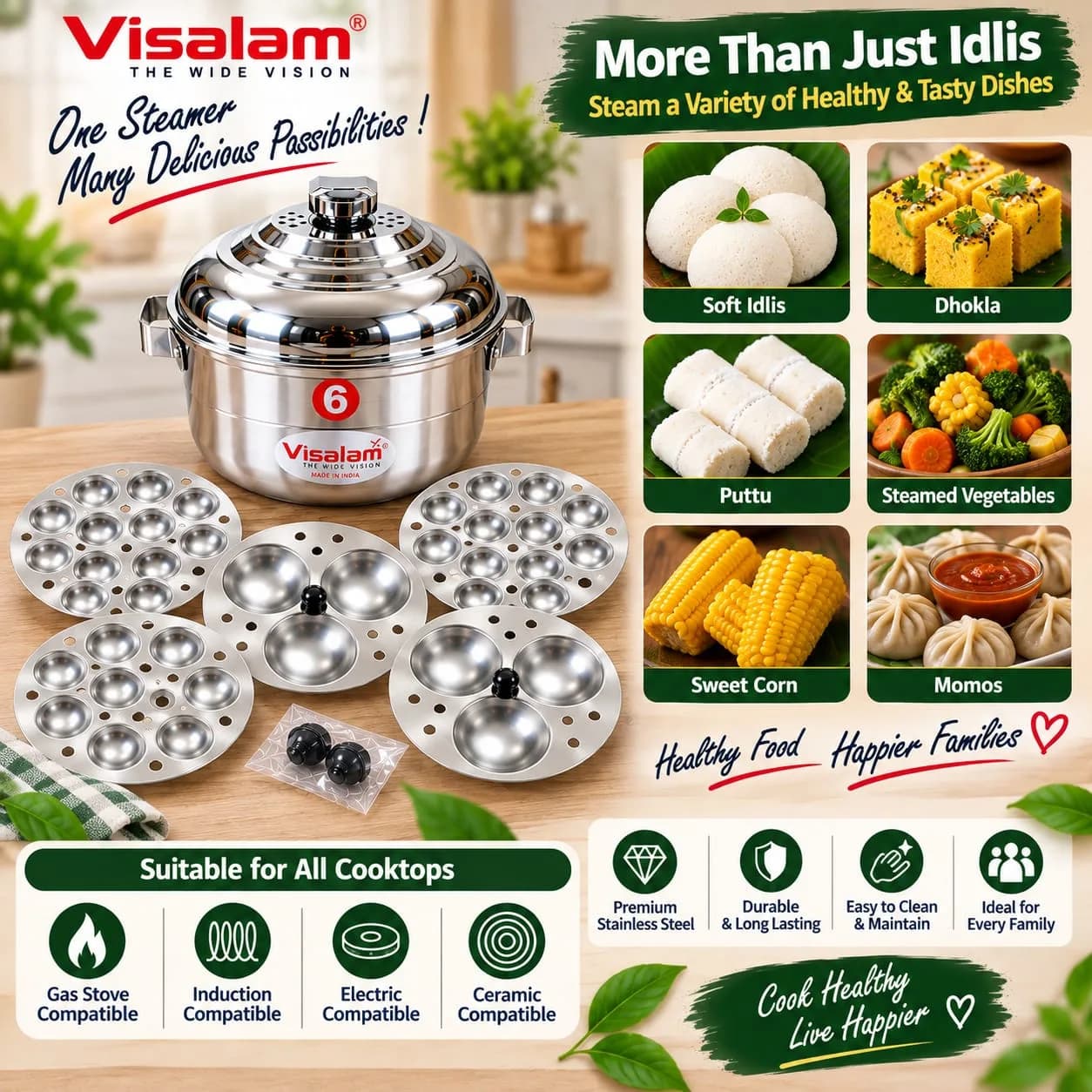 Stainless Steel 6-Plate Idli Maker – Multi-Layer Steamer 2