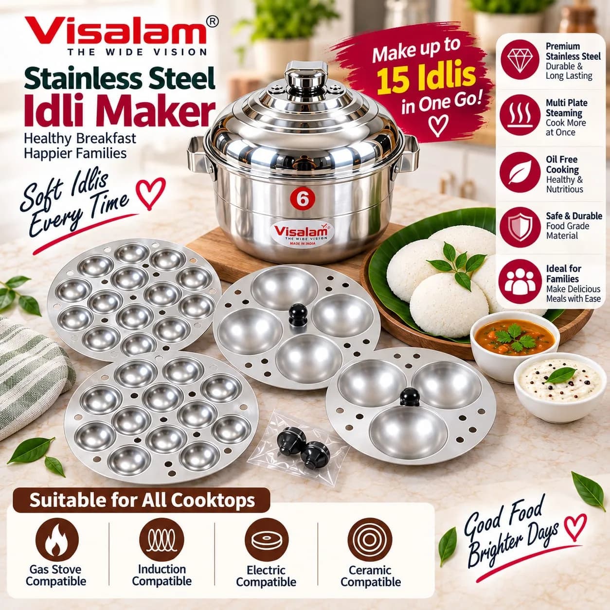 Stainless Steel 6-Plate Idli Maker – Multi-Layer Steamer 4