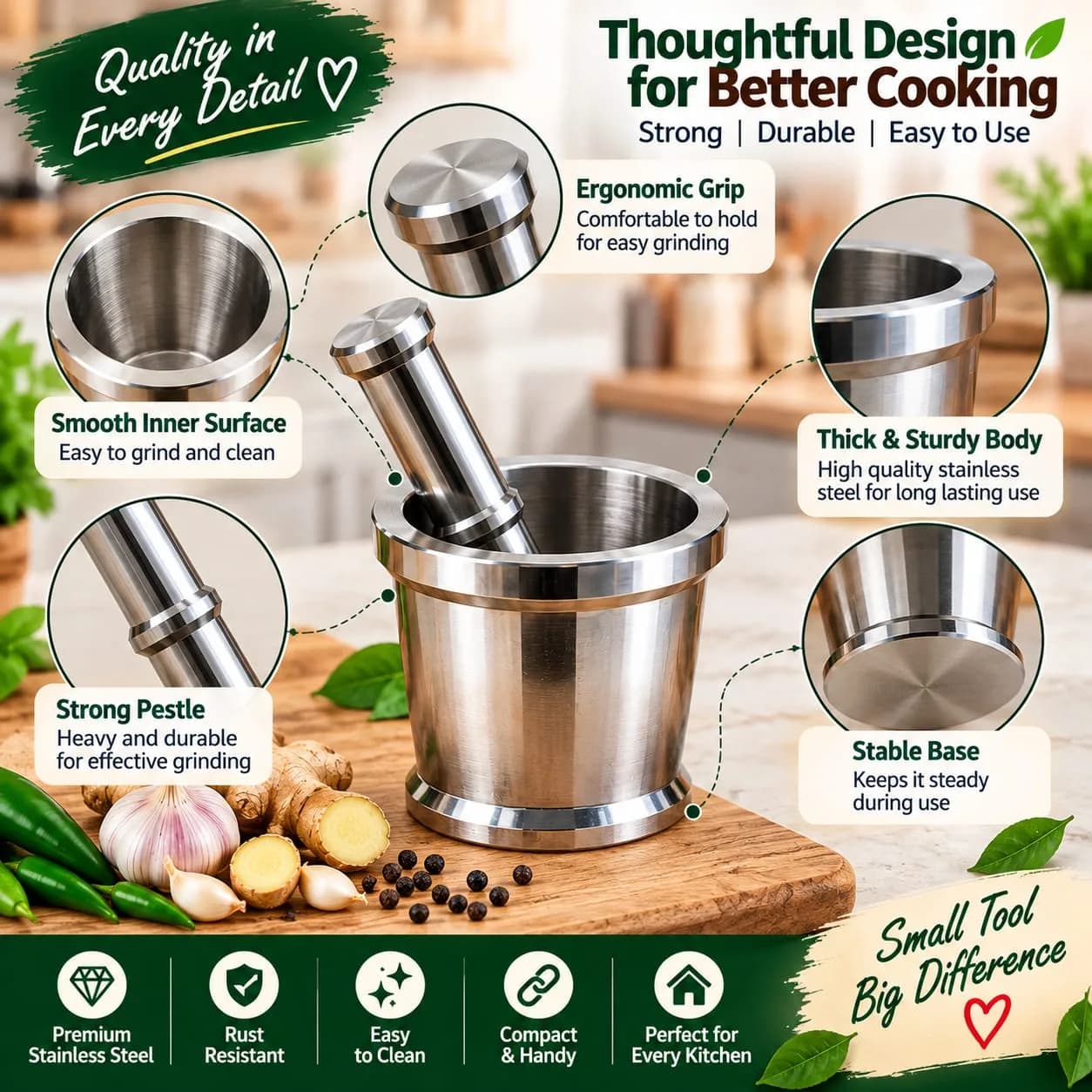 Stainless Steel Manual Mortar & Pestle – Heavy-Duty Kitchen Grinder 5