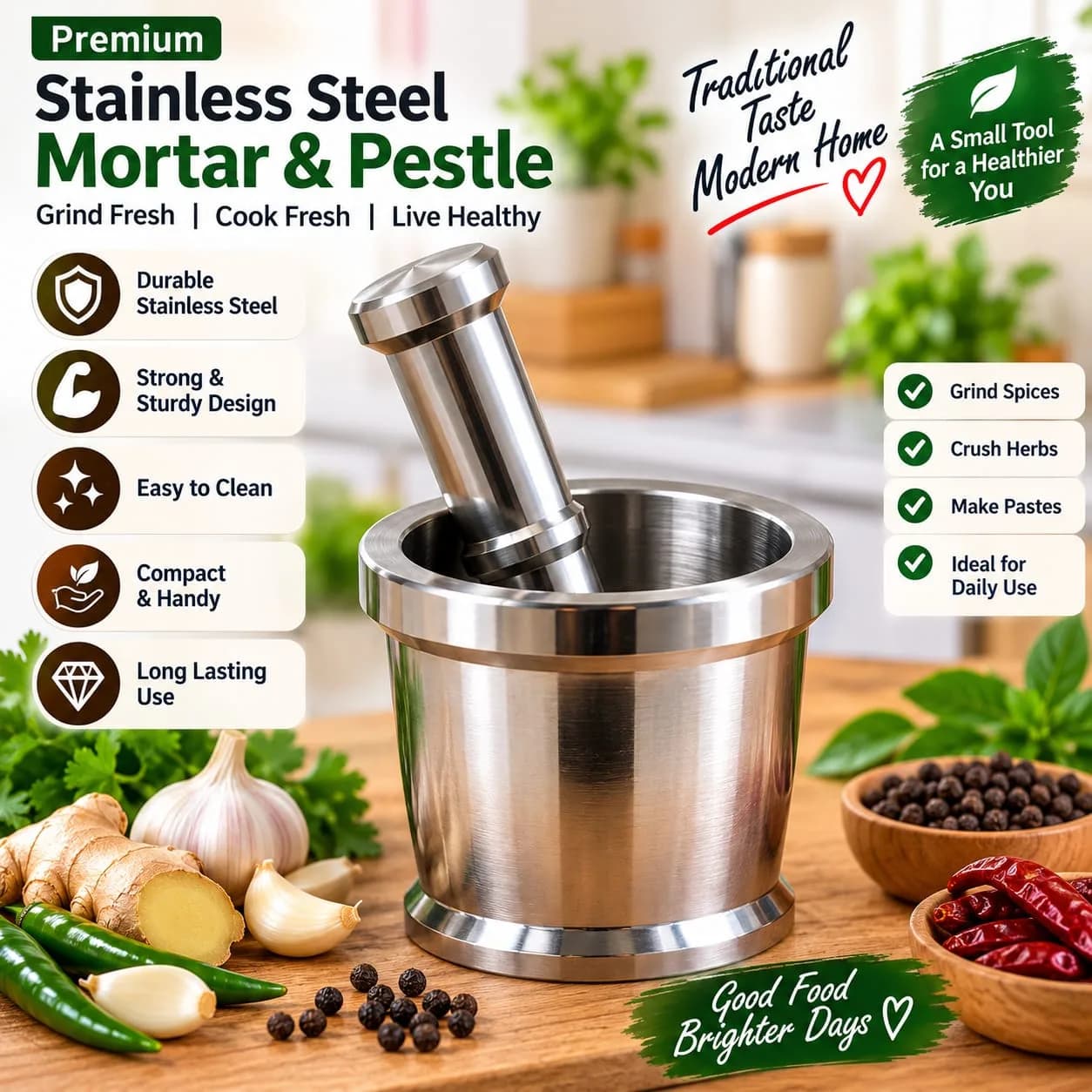 Stainless Steel Manual Mortar & Pestle – Heavy-Duty Kitchen Grinder