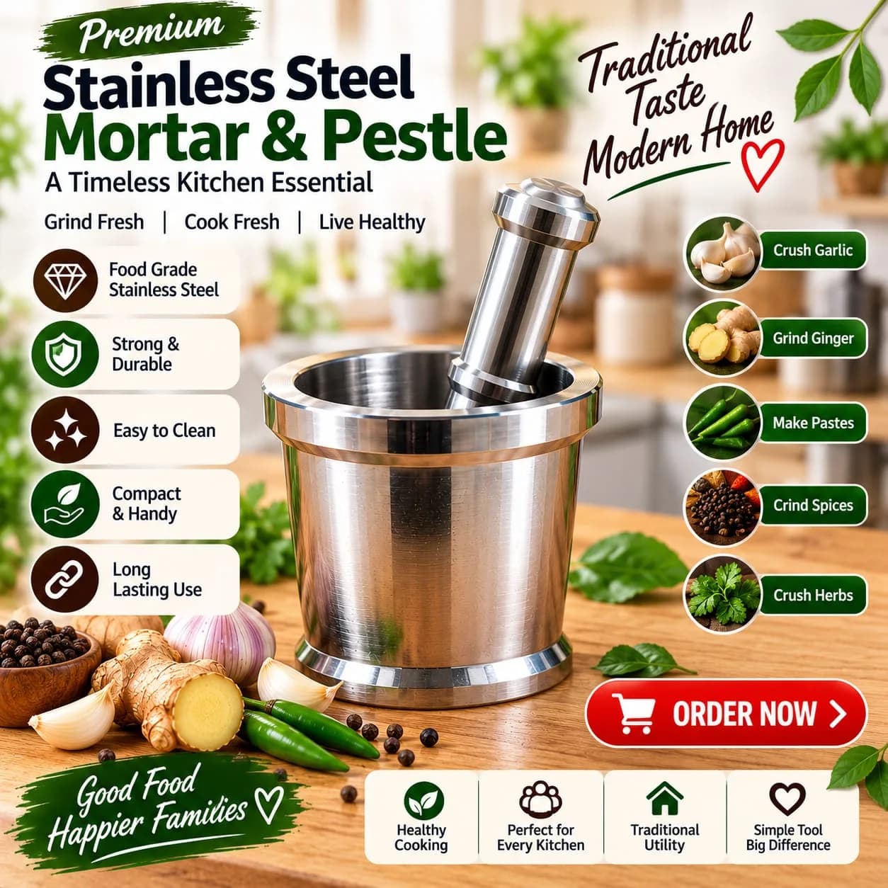 Stainless Steel Manual Mortar & Pestle – Heavy-Duty Kitchen Grinder 3