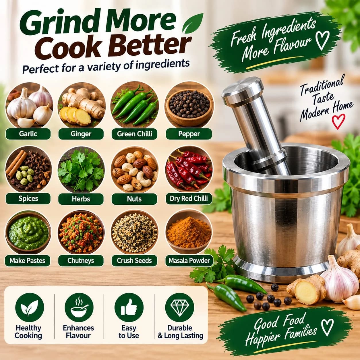 Stainless Steel Manual Mortar & Pestle – Heavy-Duty Kitchen Grinder 4